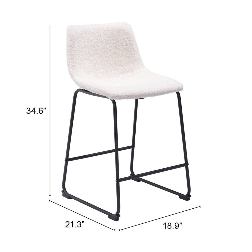 Set of Two 24" Ivory And Black Shearling And Steel Counter Height Bar Chairs