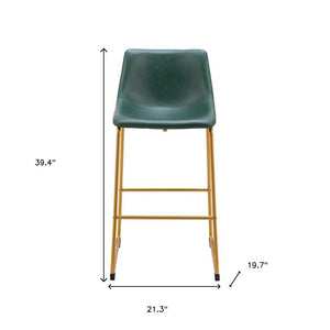 Set of Two 29" Green And Gold Faux Leather And Steel Bar Height Bar Chairs