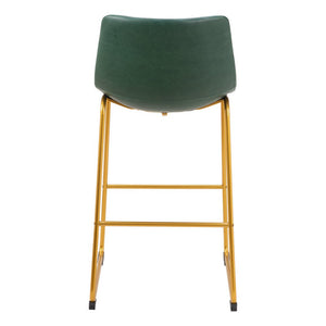 Set of Two 29" Green And Gold Faux Leather And Steel Bar Height Bar Chairs