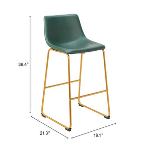 Set of Two 29" Green And Gold Faux Leather And Steel Bar Height Bar Chairs