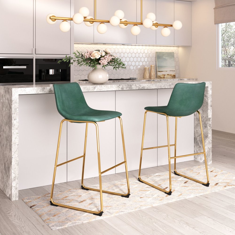 Set of Two 29" Green And Gold Faux Leather And Steel Bar Height Bar Chairs