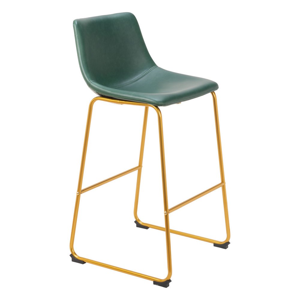 Set of Two 29" Green And Gold Faux Leather And Steel Bar Height Bar Chairs