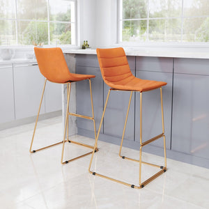 Set of Two 30" Orange And Gold Velvet And Steel Bar Height Bar Chairs