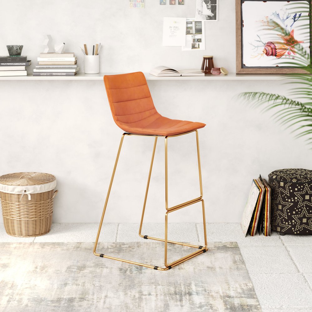 Set of Two 30" Orange And Gold Velvet And Steel Bar Height Bar Chairs