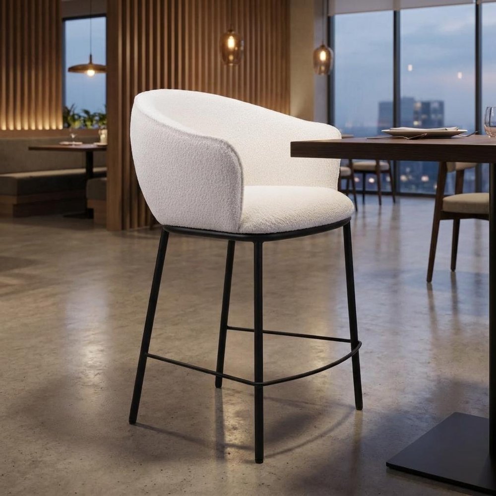 26" Ivory And Black Shearling And Fabric And Steel Counter Height Bar Chair