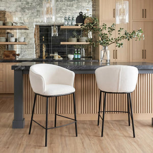 26" Ivory And Black Shearling And Fabric And Steel Counter Height Bar Chair