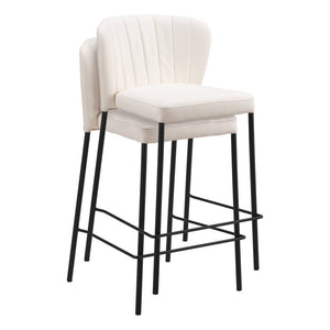 Set of Two 26" Cream And Black Faux Leather And Steel Counter Height Bar Chairs