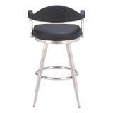 30" Black And Silver Faux Leather And Stainless Steel Bar Height Swivel Bar Chair