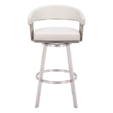 31" White And Silver Faux Leather And Stainless Steel Bar Height Swivel Bar Chair