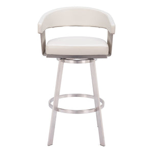 31" White And Silver Faux Leather And Stainless Steel Bar Height Swivel Bar Chair