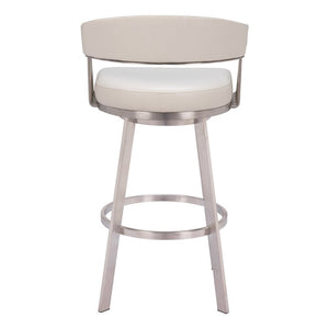 31" White And Silver Faux Leather And Stainless Steel Bar Height Swivel Bar Chair