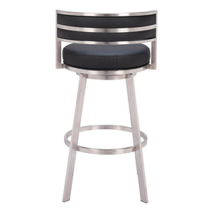 31" Black And Silver Faux Leather And Stainless Steel Low Back Bar Height Swivel Bar Chair
