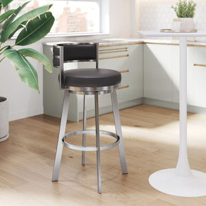 31" Black And Silver Faux Leather And Stainless Steel Low Back Bar Height Swivel Bar Chair