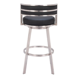31" Black And Silver Faux Leather And Stainless Steel Low Back Bar Height Swivel Bar Chair