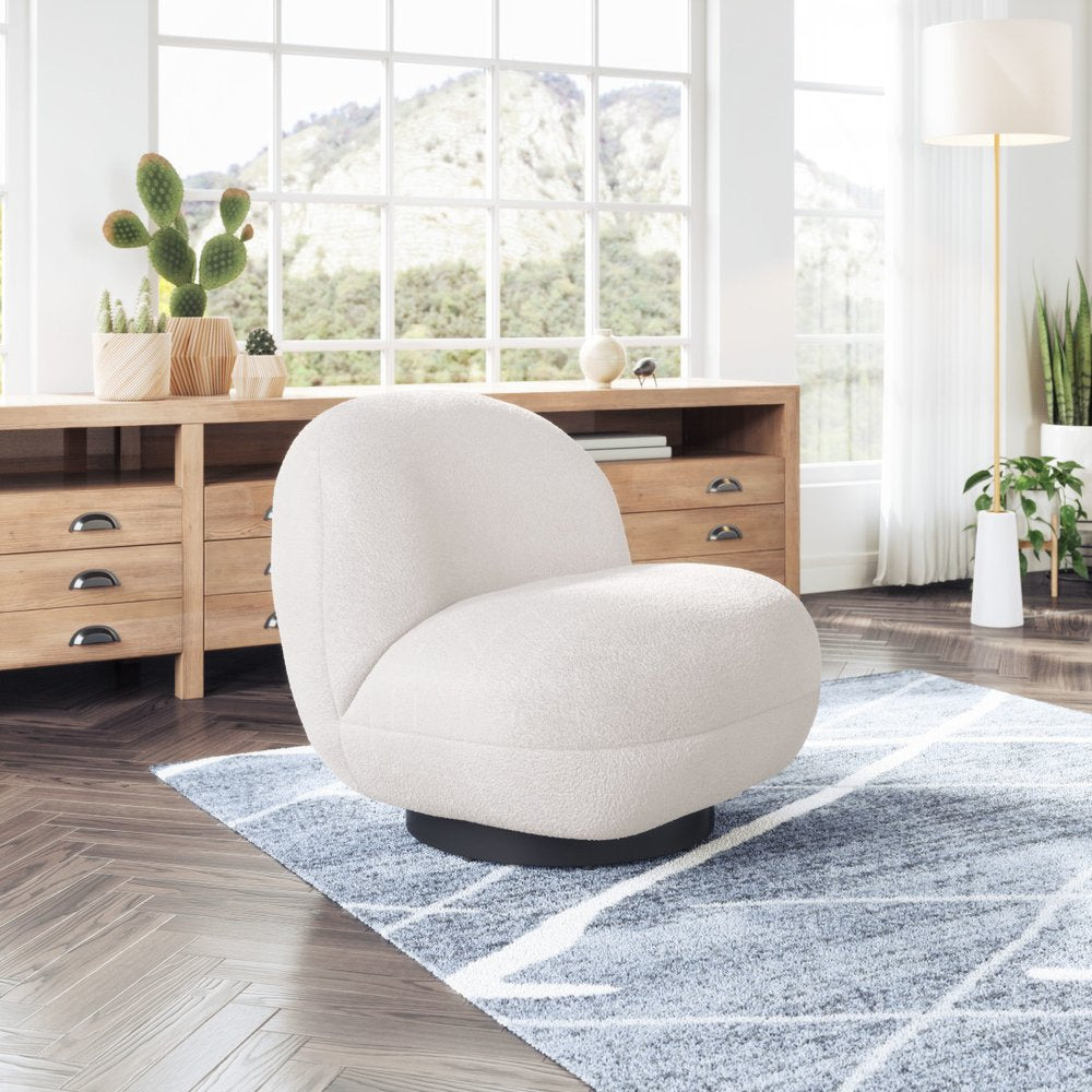 30" Cream And Black Faux Shearling And Upholstered Slipper Chair