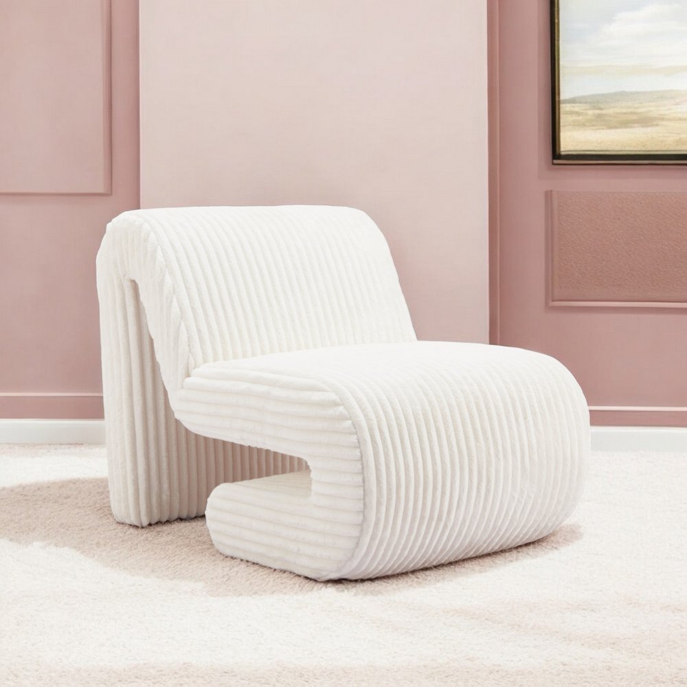 26" White Corduroy And Upholstered Lounge Chair