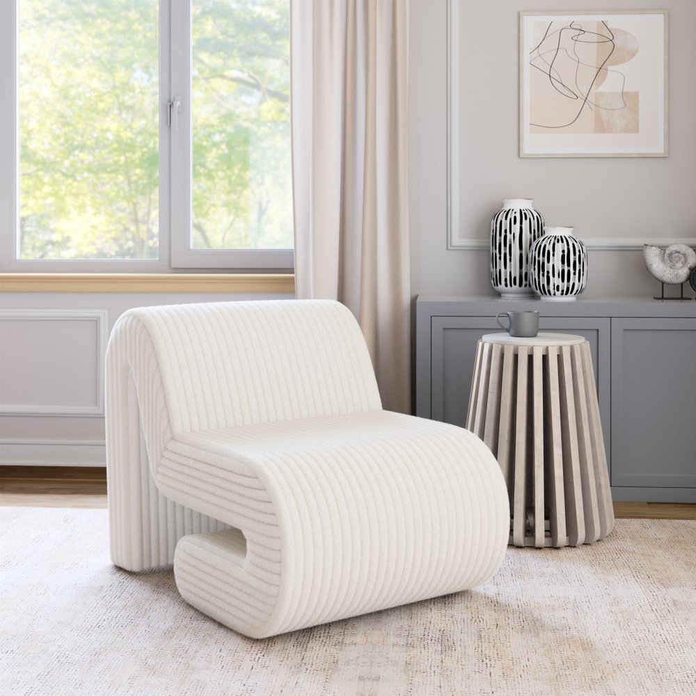 26" White Corduroy And Upholstered Lounge Chair