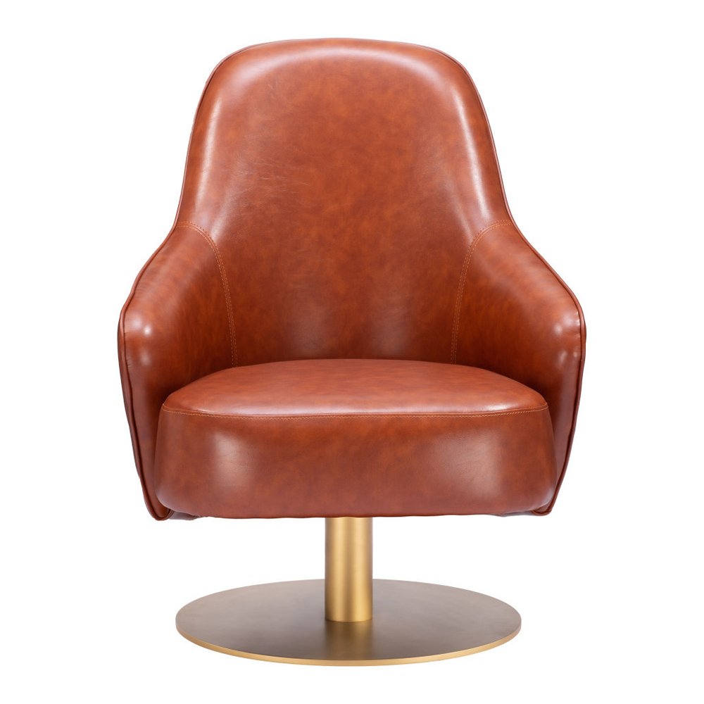 28" Brown And Gold Faux Leather And Faux Leather Swivel Arm Chair