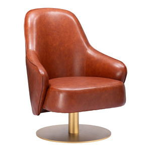 28" Brown And Gold Faux Leather And Faux Leather Swivel Arm Chair