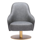 28" Gray And Gold Faux Leather And Faux Leather Swivel Arm Chair