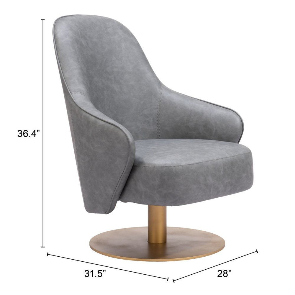 28" Gray And Gold Faux Leather And Faux Leather Swivel Arm Chair