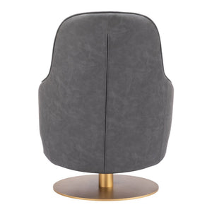 28" Gray And Gold Faux Leather And Faux Leather Swivel Arm Chair