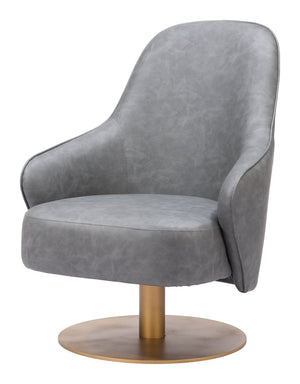 28" Gray And Gold Faux Leather And Faux Leather Swivel Arm Chair