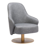 28" Gray And Gold Faux Leather And Faux Leather Swivel Arm Chair