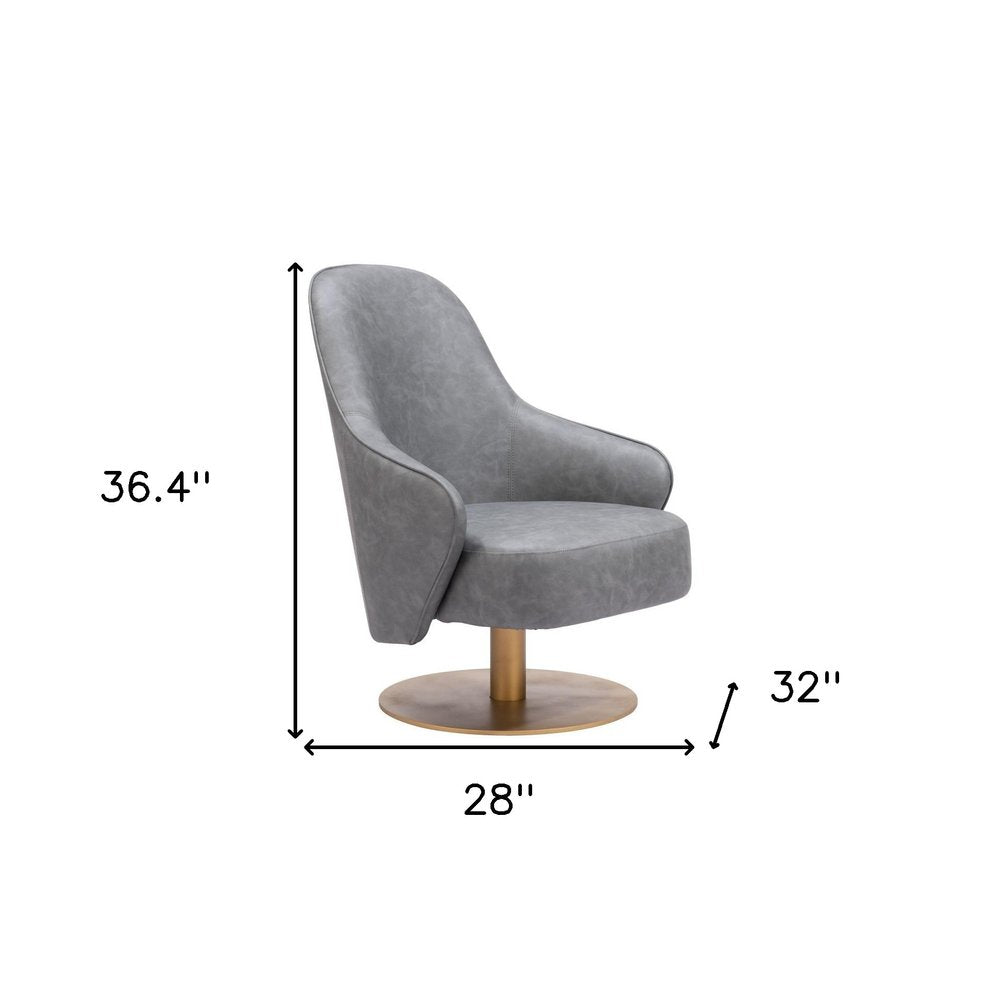 28" Gray And Gold Faux Leather And Faux Leather Swivel Arm Chair
