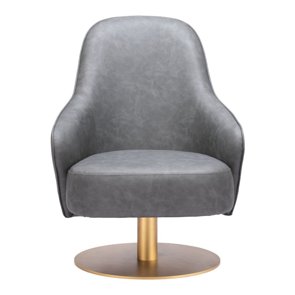28" Gray And Gold Faux Leather And Faux Leather Swivel Arm Chair