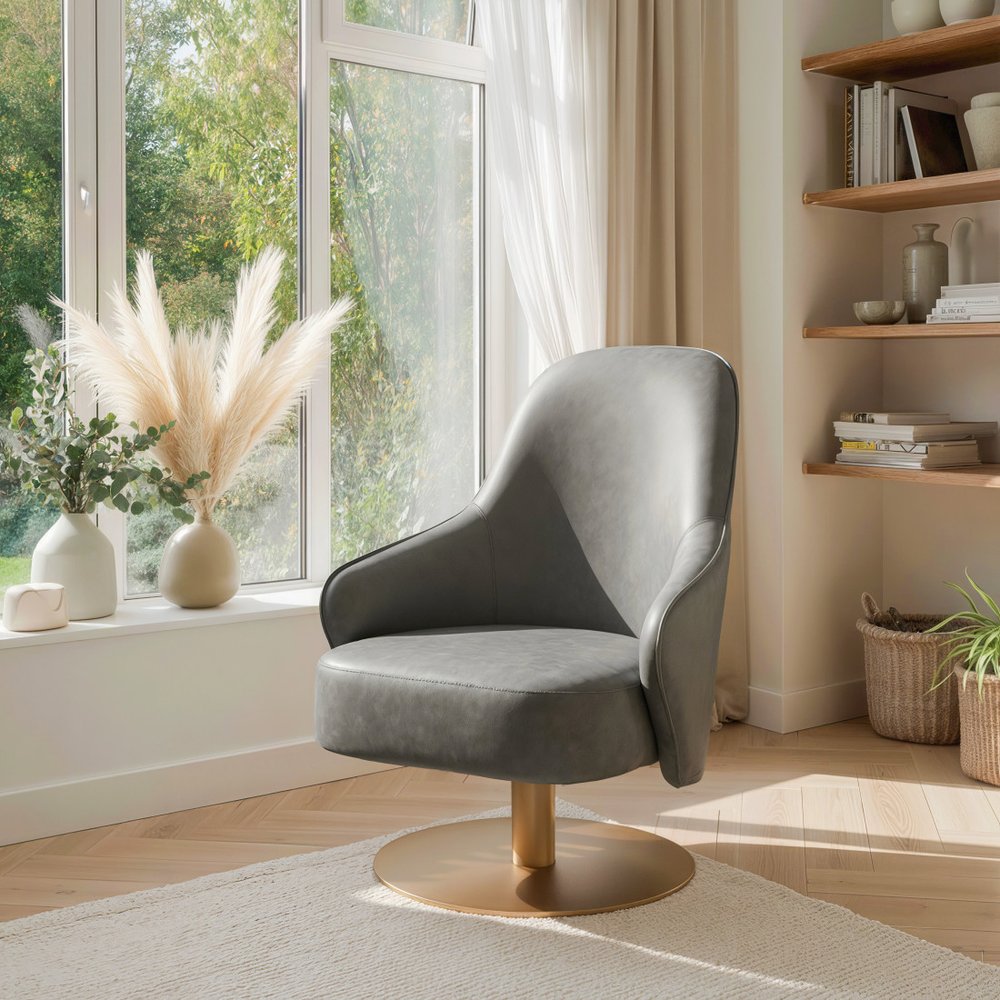 28" Gray And Gold Faux Leather And Faux Leather Swivel Arm Chair