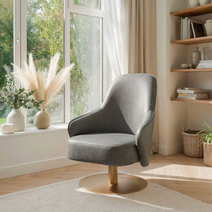 28" Gray And Gold Faux Leather And Faux Leather Swivel Arm Chair