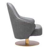 28" Gray And Gold Faux Leather And Faux Leather Swivel Arm Chair