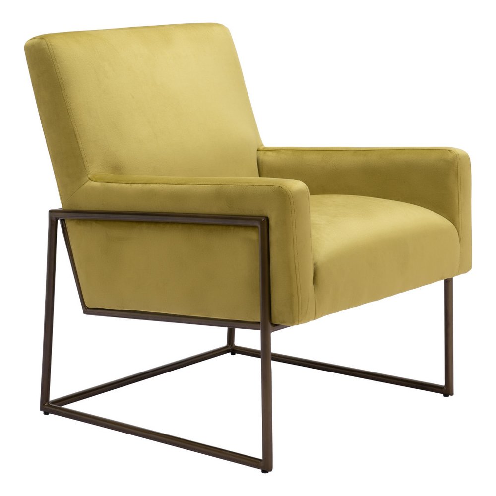 26" Olive Green And Bronze Velvet And Upholstered Arm Chair