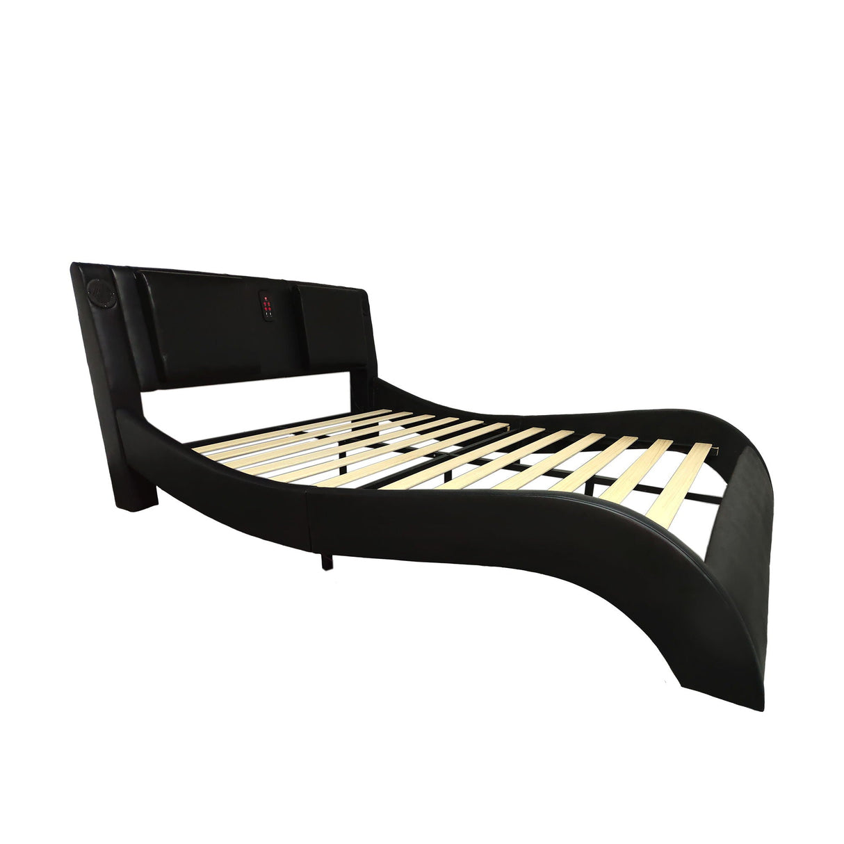 Queen Size Upholstered Platform Bed Frame With LED Lighting, Bluetooth Connection To Play Music Control, Backrest Vibration Massage, Curve Design, Wood Slat Support, Exhibited Speakers - Black by Couch.com