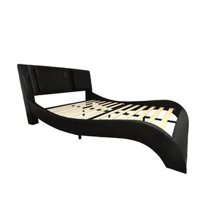 Queen Size Upholstered Platform Bed Frame With LED Lighting, Bluetooth Connection To Play Music Control, Backrest Vibration Massage, Curve Design, Wood Slat Support, Exhibited Speakers - Black by Couch.com