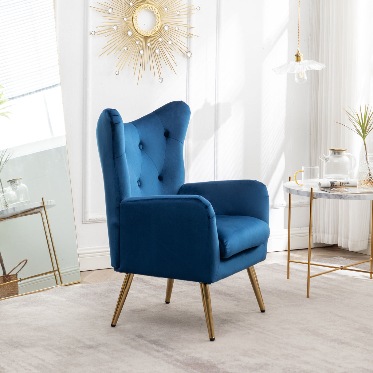 Sovarol - Velvet Button-Tufted Wing Back Accent Chair - Blue by Couch.com