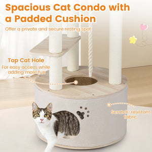 55.5 Inches Tall Wooden Cat Tree with Washable Plush Cushions for Indoor Cats