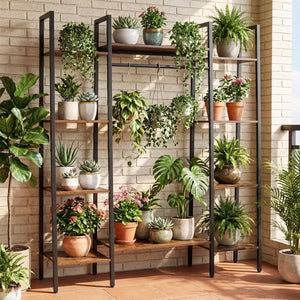 55.5 inch Tall Plant Stand 10-Tier Plant Rack with 16 Colors LED Strip Lights-Rustic Brown