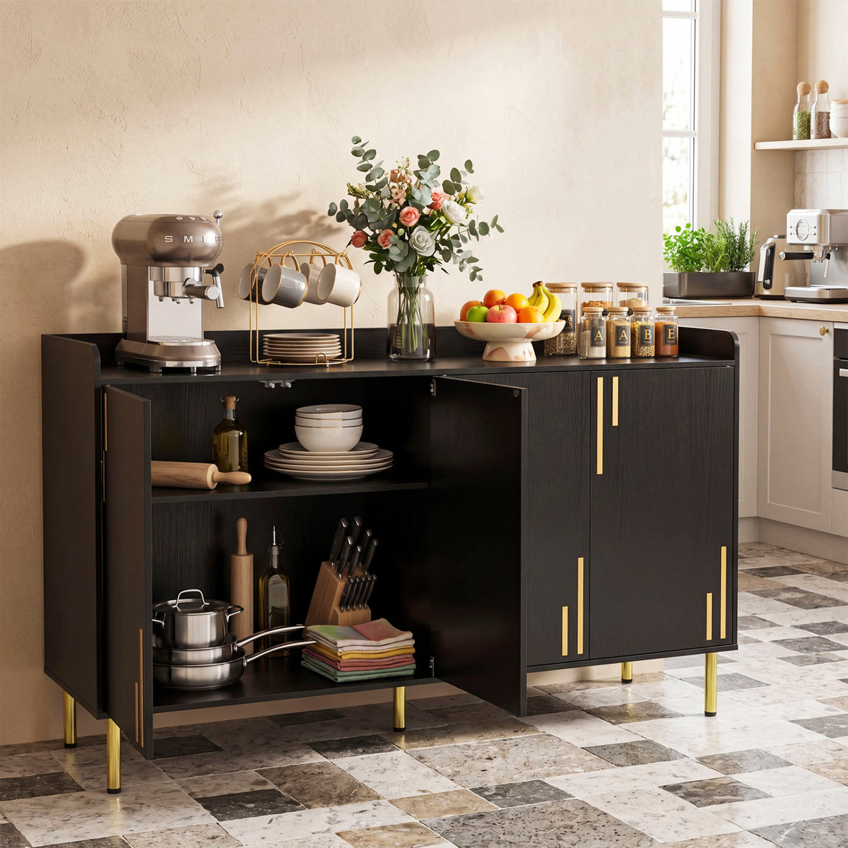 55" Buffet Cabinet with 4 Doors and 5 Metal Legs Modern Credenza-Black