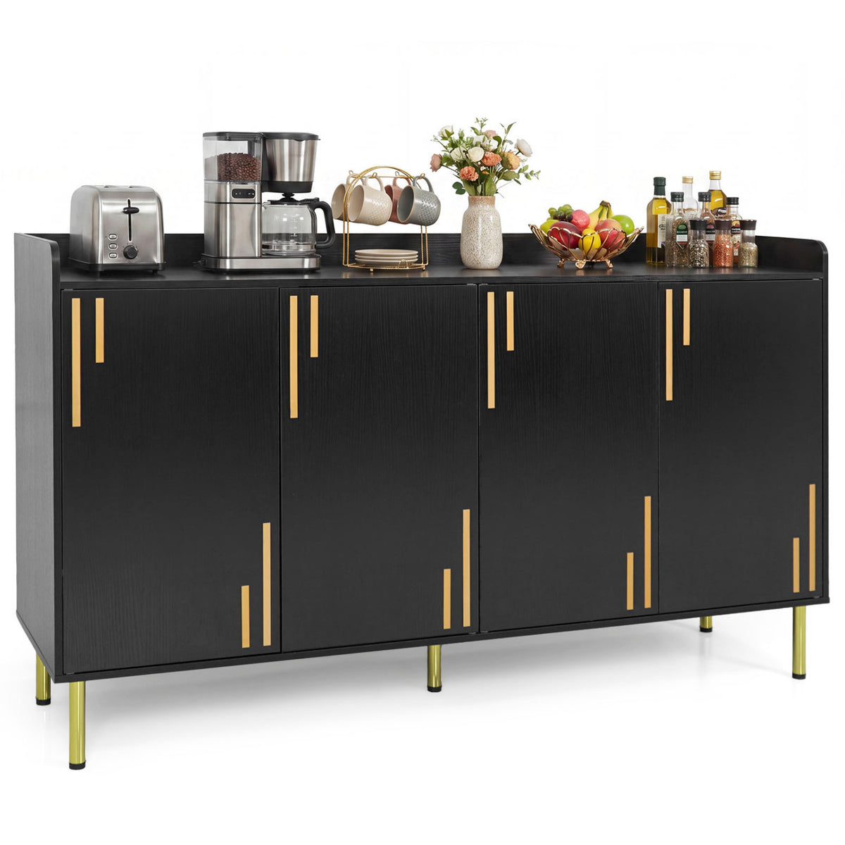 55" Buffet Cabinet with 4 Doors and 5 Metal Legs Modern Credenza-Black
