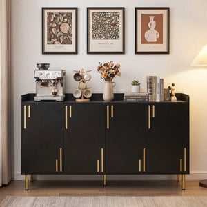 55" Buffet Cabinet with 4 Doors and 5 Metal Legs Modern Credenza-Black