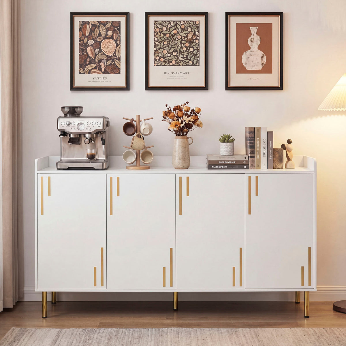 55" Buffet Cabinet with 4 Doors and 5 Metal Legs Modern Credenza-White