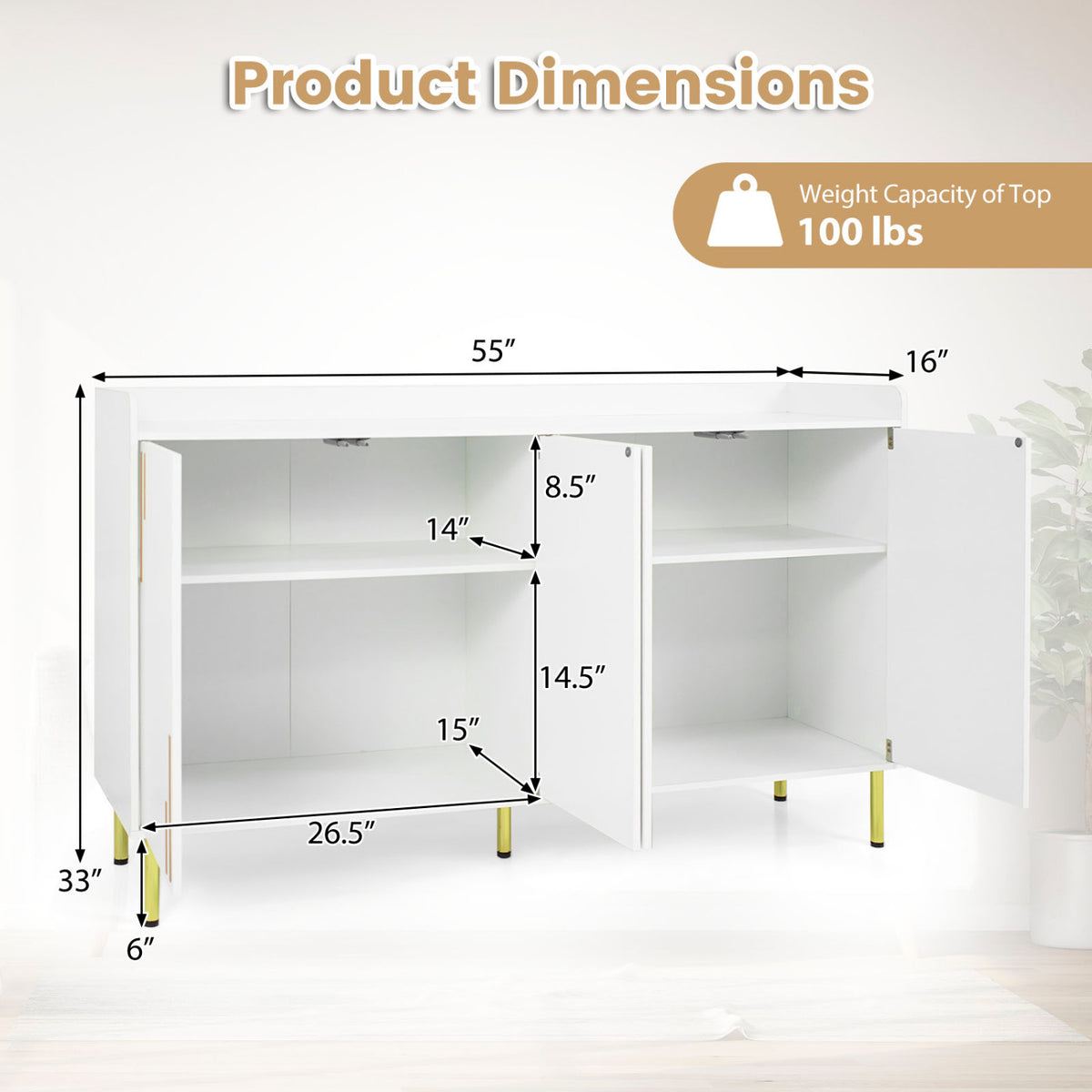 55" Buffet Cabinet with 4 Doors and 5 Metal Legs Modern Credenza-White