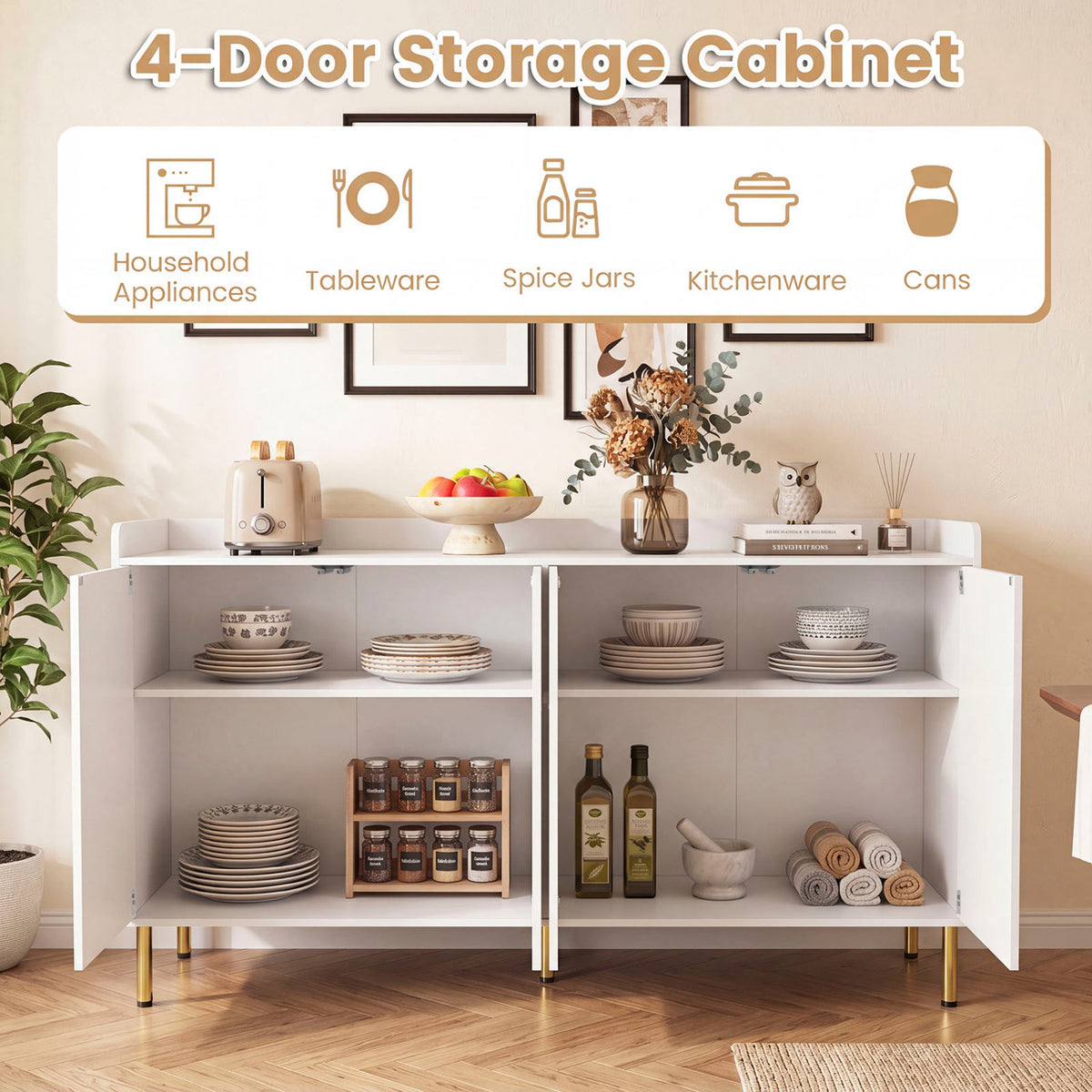 55" Buffet Cabinet with 4 Doors and 5 Metal Legs Modern Credenza-White