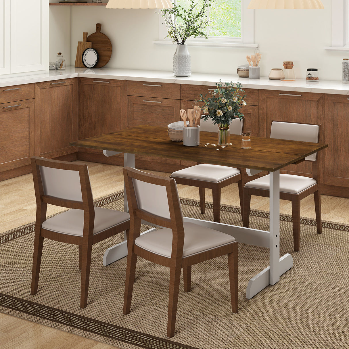 55 Inch Dining Table for 4-6 People Rectangular Kitchen Table with Solid Wood Trestle Base-Walnut