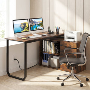 55 Inch Reversible L Shaped Desk with 3 Drawers Home Office Desk with Adjustable Shelf-Rustic Brown