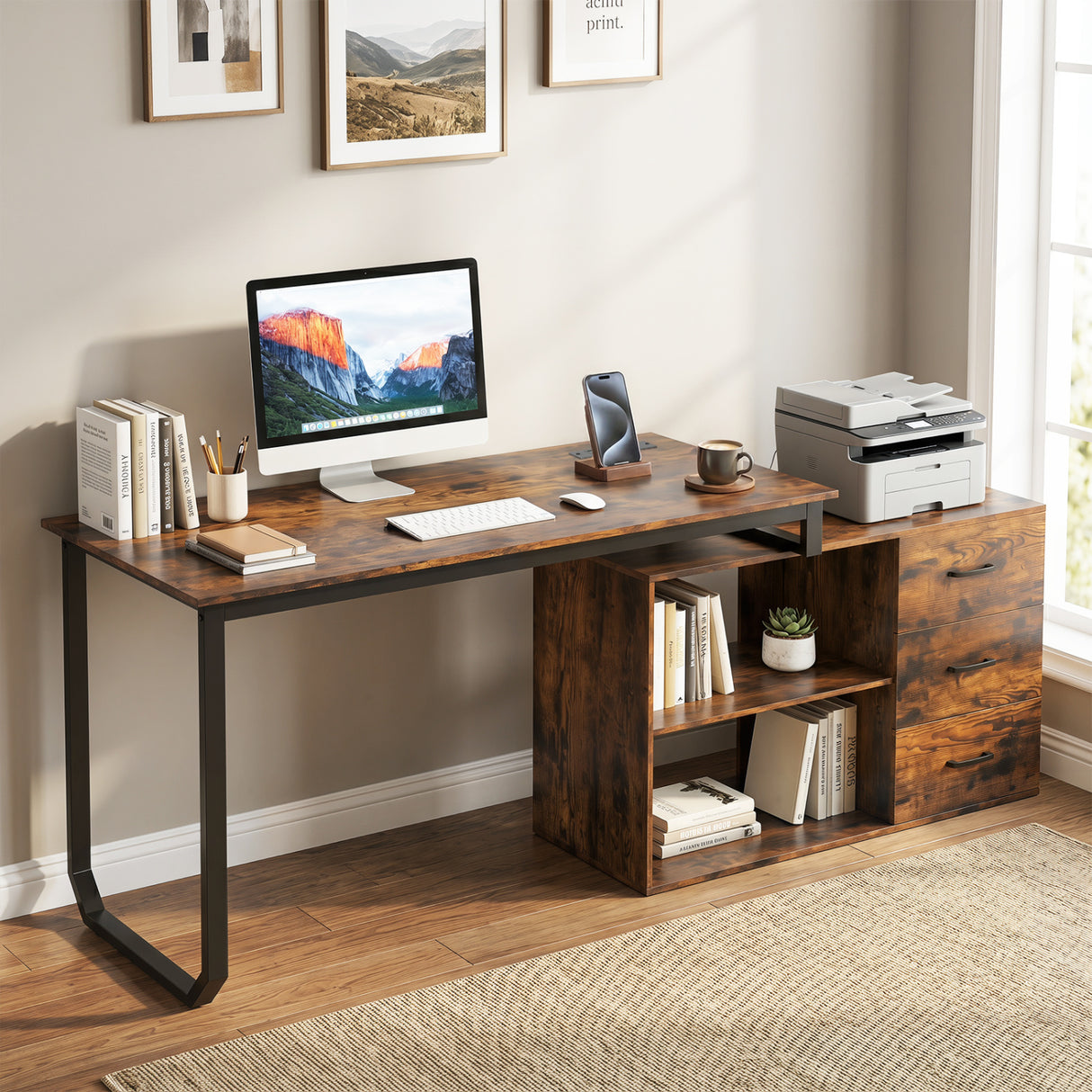 55 Inch Reversible L Shaped Desk with 3 Drawers Home Office Desk with Adjustable Shelf-Rustic Brown