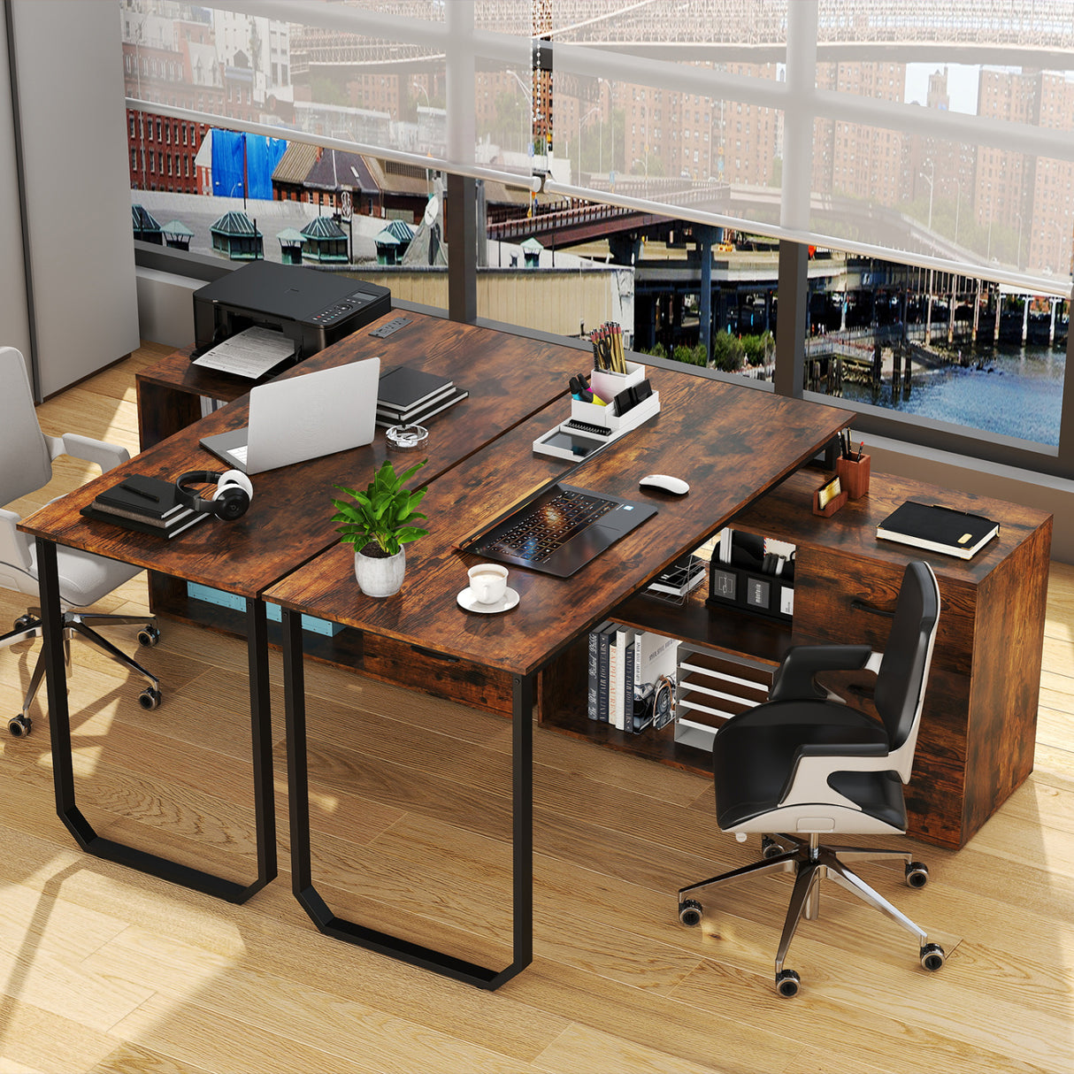 55 Inch Reversible L Shaped Desk with 3 Drawers Home Office Desk with Adjustable Shelf-Rustic Brown