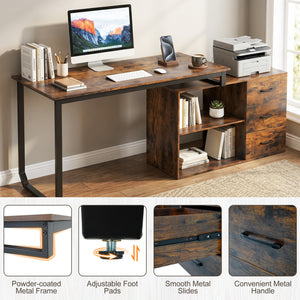 55 Inch Reversible L Shaped Desk with 3 Drawers Home Office Desk with Adjustable Shelf-Rustic Brown